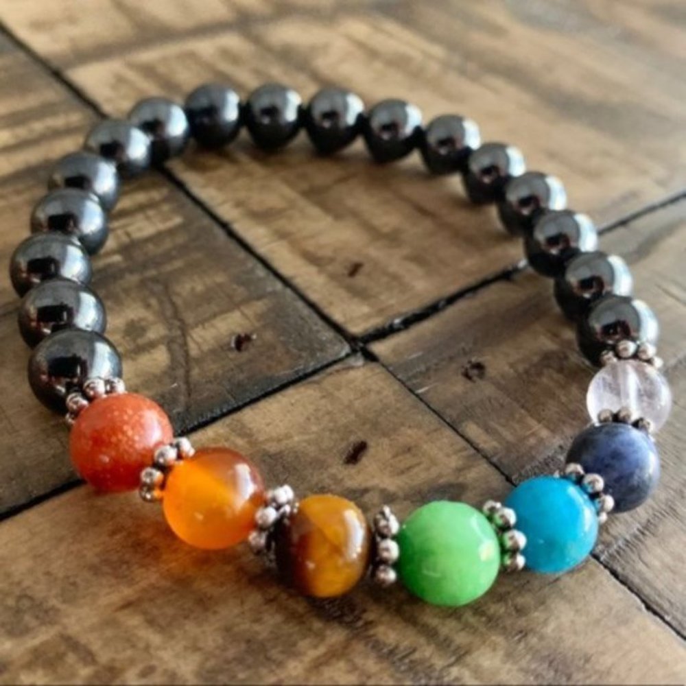 2pc 7 Chakra Hematite Stretch Bracelet - Picture 2 of 5